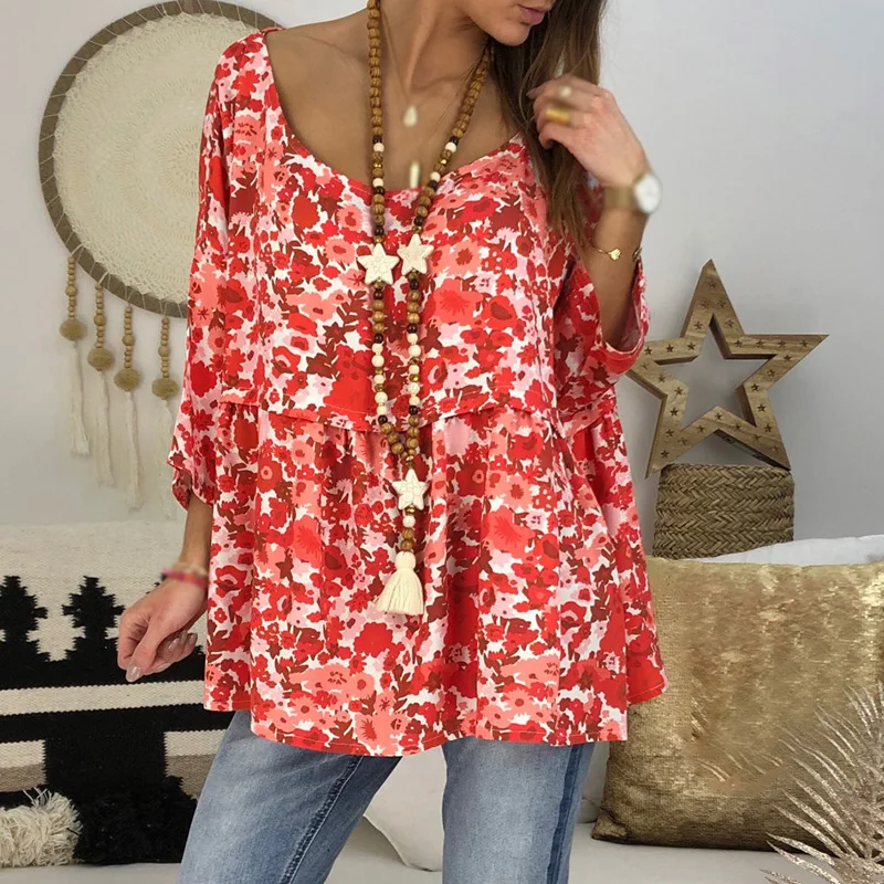 Summer Tops Casual Loose Beach Printed Shirt Round Neck Half Sleeve Women 2019 |