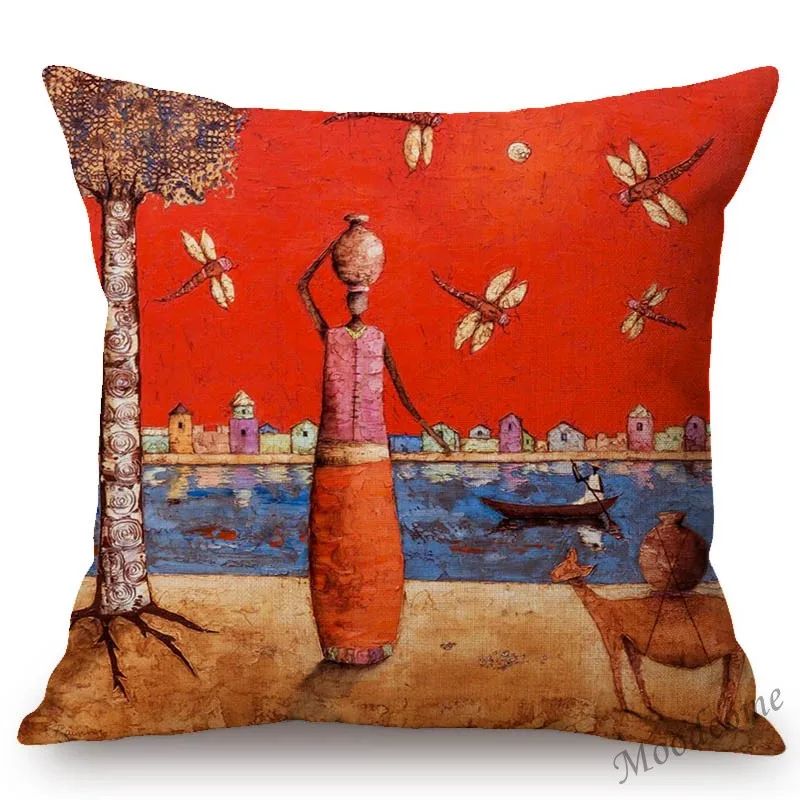 2019 Africa Impression Paintin Antique Red Decoration Throw Pillow Orange African Life Dancing Cartoon Art Linen Cushion Cover | Дом и сад