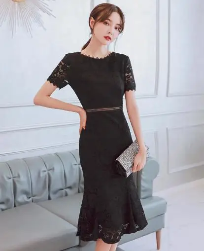 Formal Black Женское летнее кружевное платье с О-образным вырезом, элегантное вечернее платье до середины икры, розовое платье с коротким рукавом, черное платье Vestidos - Цвет: Formal Black