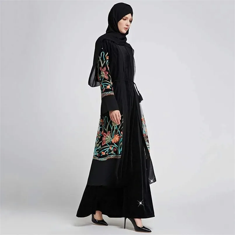 Мода Дубай Длинные Embroidered Kimono кардиган черный пол Длина рукава снаружи халаты 2018