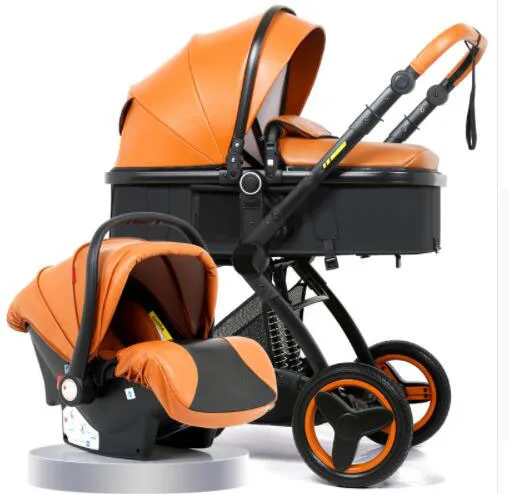 Bellec 3-in-1 stroller high landscape baby carriage basket can sit reclining folding two-way shock baby stroller - Цвет: yellow PU 3 in 1