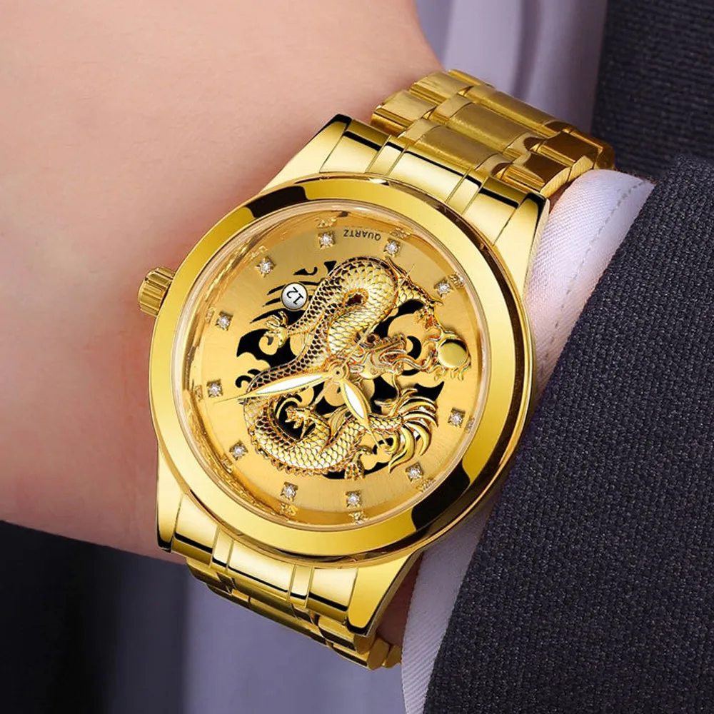 Waterproof Mens Gold Dragon Sculpture Quartz Watch Luxury Men Steel Wristwatch reloj mujer women watches | Наручные часы