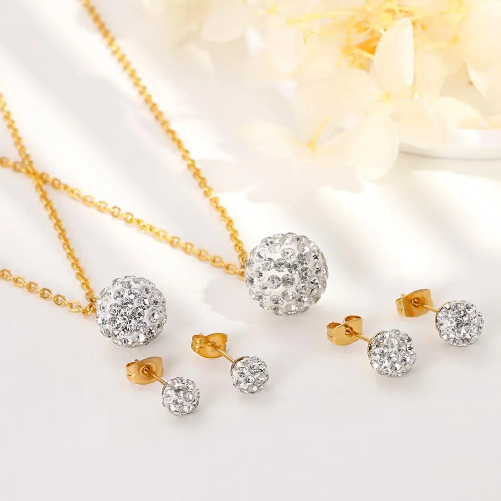 Stainless Steel Round With Zircon Necklace Earring Sets For Women Fashion Personalized Madam Jewelry Sliver/Gold |