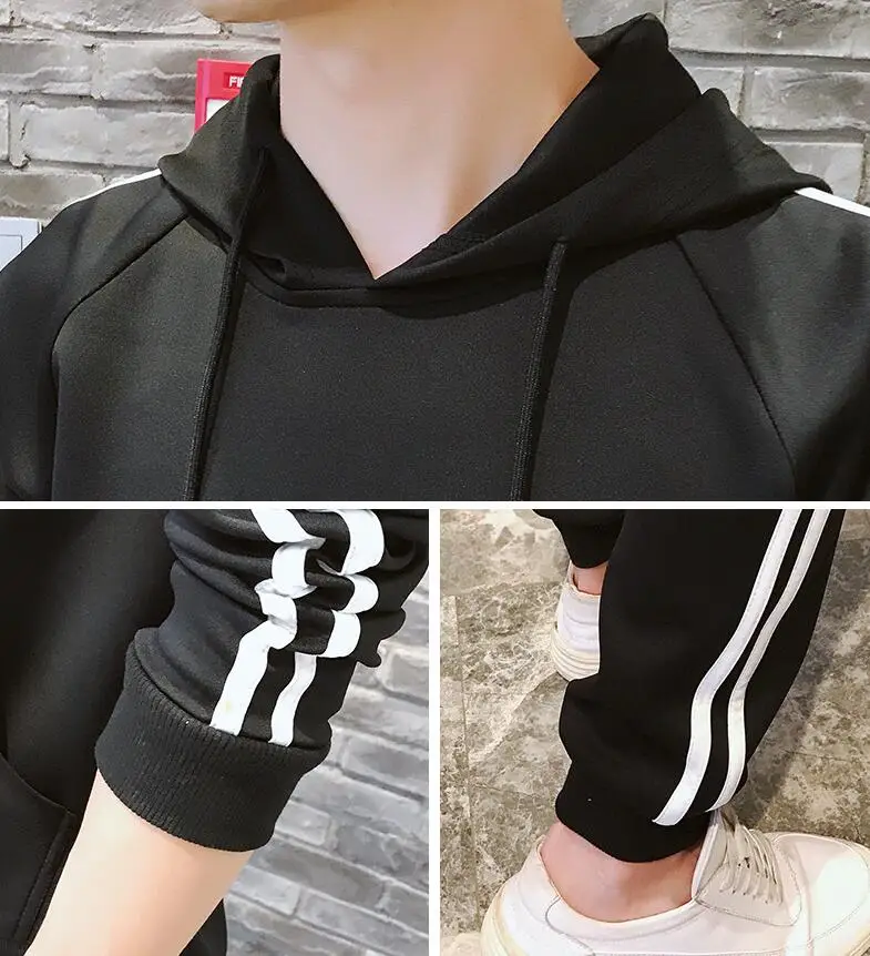 

Rlyaeiz 2018 Autumn Casual Tracksuit Men Sporting Wear Striped Pockets Hooded Hoodies + Pants Two Piece Set Male Sporting Suits