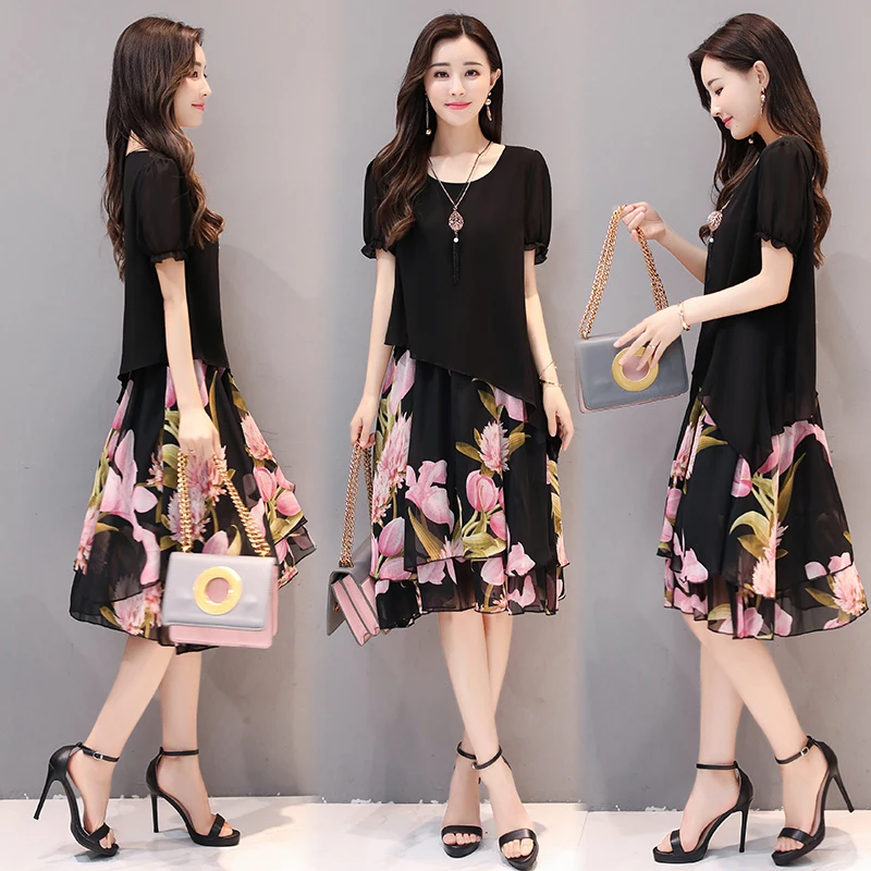 

2019 New Plus Size 5XL Summer Women Short Sleeved Chiffon Print Dress Female Bohemia Floral Dress Beach Dress Vestidos