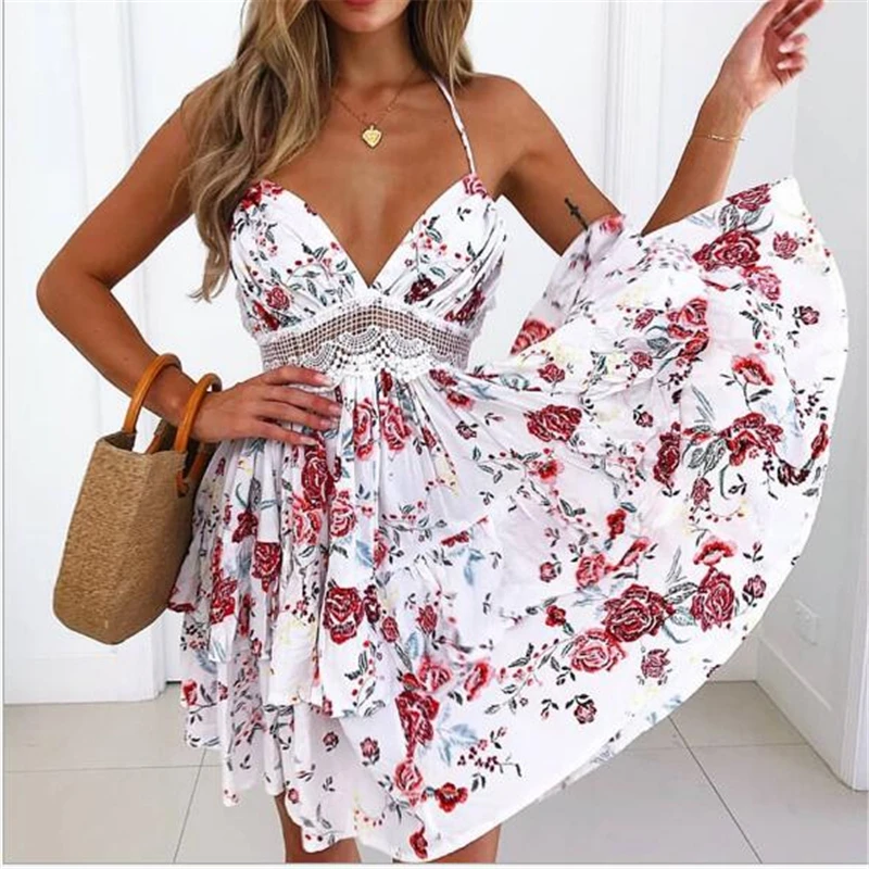 Летнее женское богемное пляжное сексуальное платье на тонких завязках с