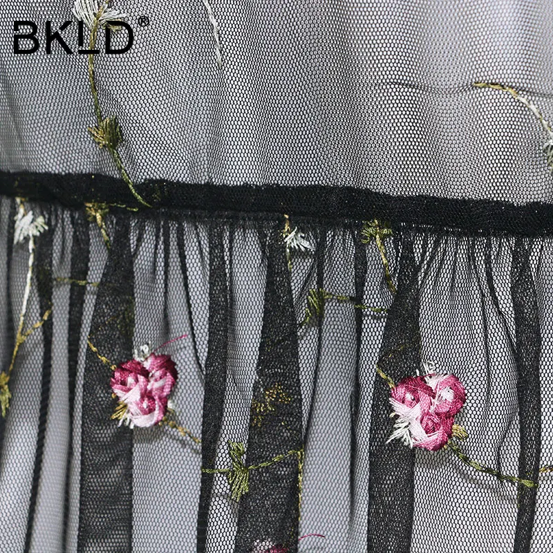 BKLD 2018 Черные Сетчатые платья винтажное подиумное платье с цветочной вышивкой