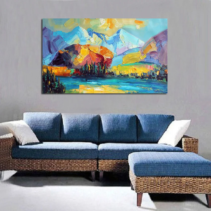 Hand painted mountain landscape oil painting modern abstract colorful village scenery on canvas home decor | Дом и сад
