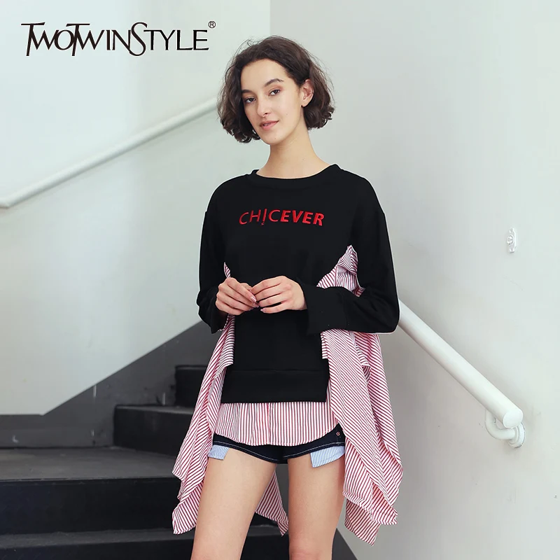 TWOTWINSTYLE Лоскутная полосатая Толстовка для женщин с круглым вырезом и длинным