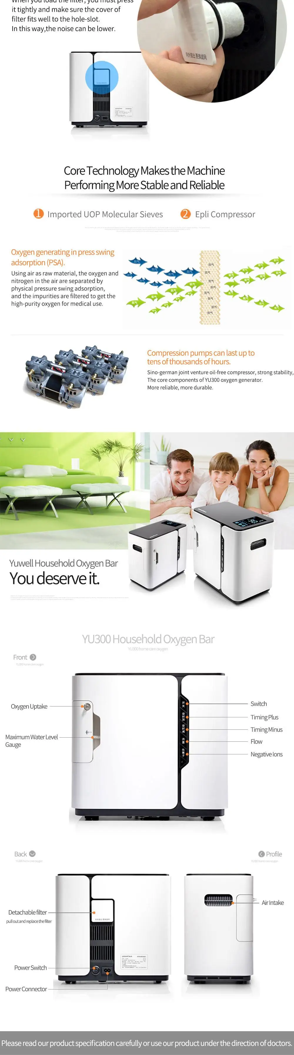 Портативный кислородный концентратор Yuwell, медицинский кислородный аппарат высокой концентрации, медицинский уход, домашний кислородный прибор с большим экраном 1-5 л/мин