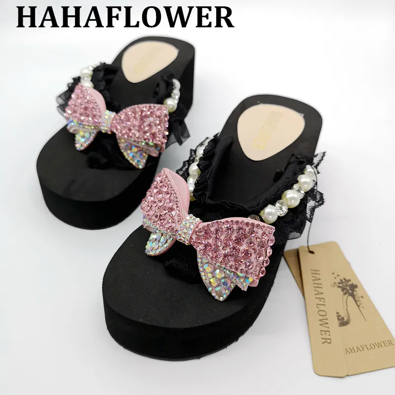 

HAHAFLOWER New 2018 Women crystal diamond pink Bow high heel shoes casual Summer Slippers comfortbale soft female slippers