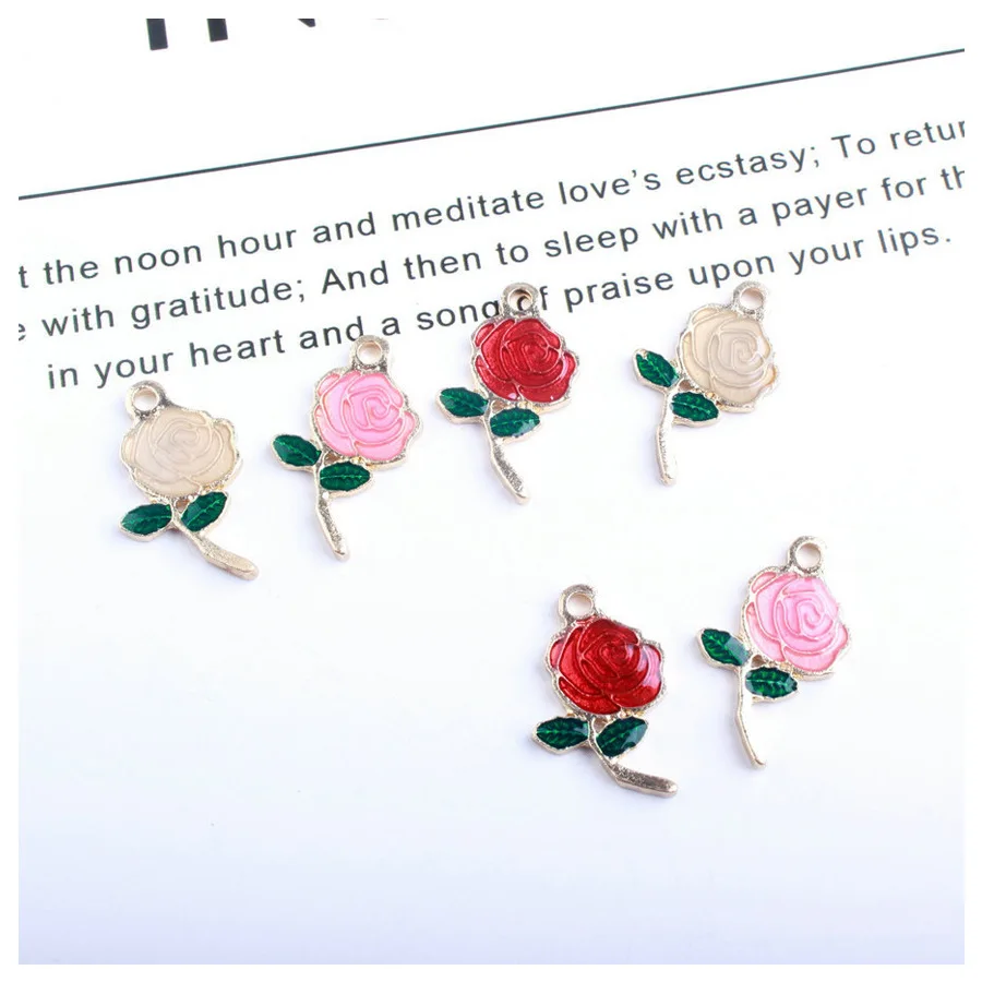 

10PCS/Lot New Arrival Fashion Jewelry Metal Valentine's Day Rose Charms Romantic Rose Flower with Green Leaves Oil Drop Charms