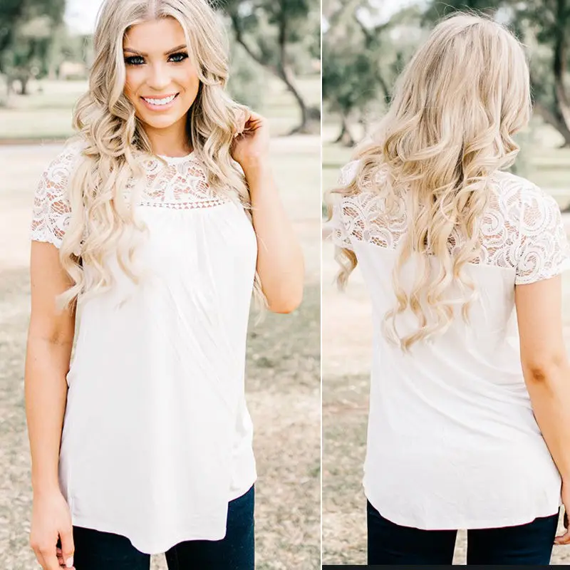 Модные женские кружевные шифоновые топы с коротким рукавом летние повседневные