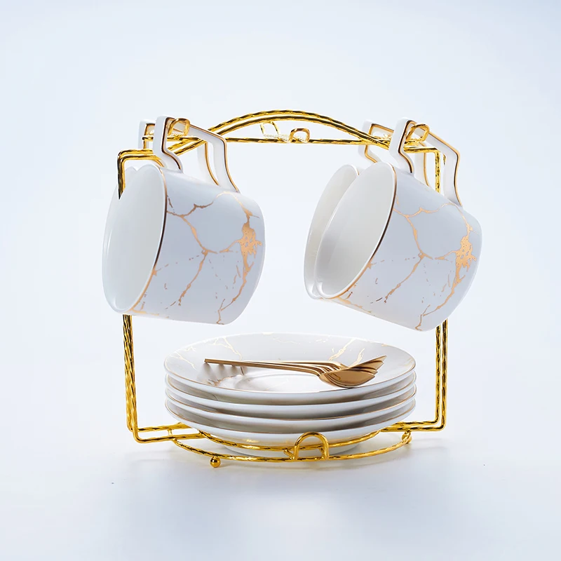 White 4Cups n Holder Мрамор Керамика Кофе чашка с блюдцем ложка 200 мл Nordic Чай чашки Матовый фарфор Чай расширенный набор Чай чашка кафе эспрессо чашка - Цвет: White 4Cups n Holder