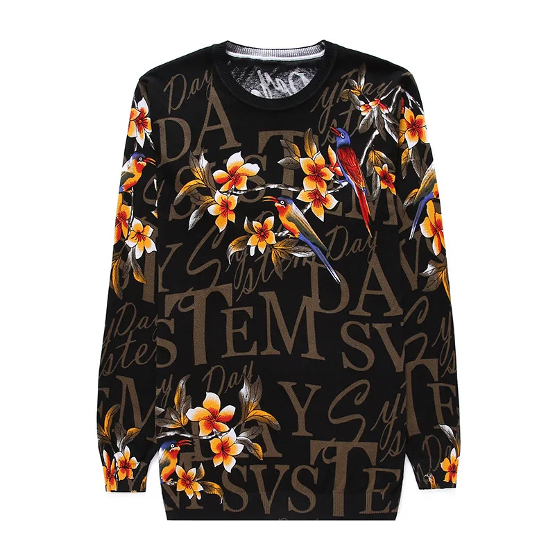 

Creative letters flower birds pattern printing pullover knit sweater Autumn 2018 quality cotton soft elastic sweater men M-XXXL