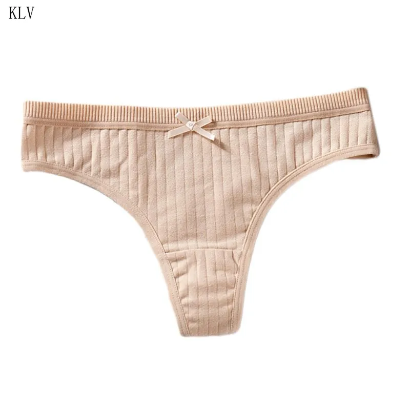 Серый Women Sexy Low Rise Cotton G-String Lingerie Plain Solid Color Bowknot Panties Thong Thread Ribbed Striped Underwear Briefs - Цвет: Серый