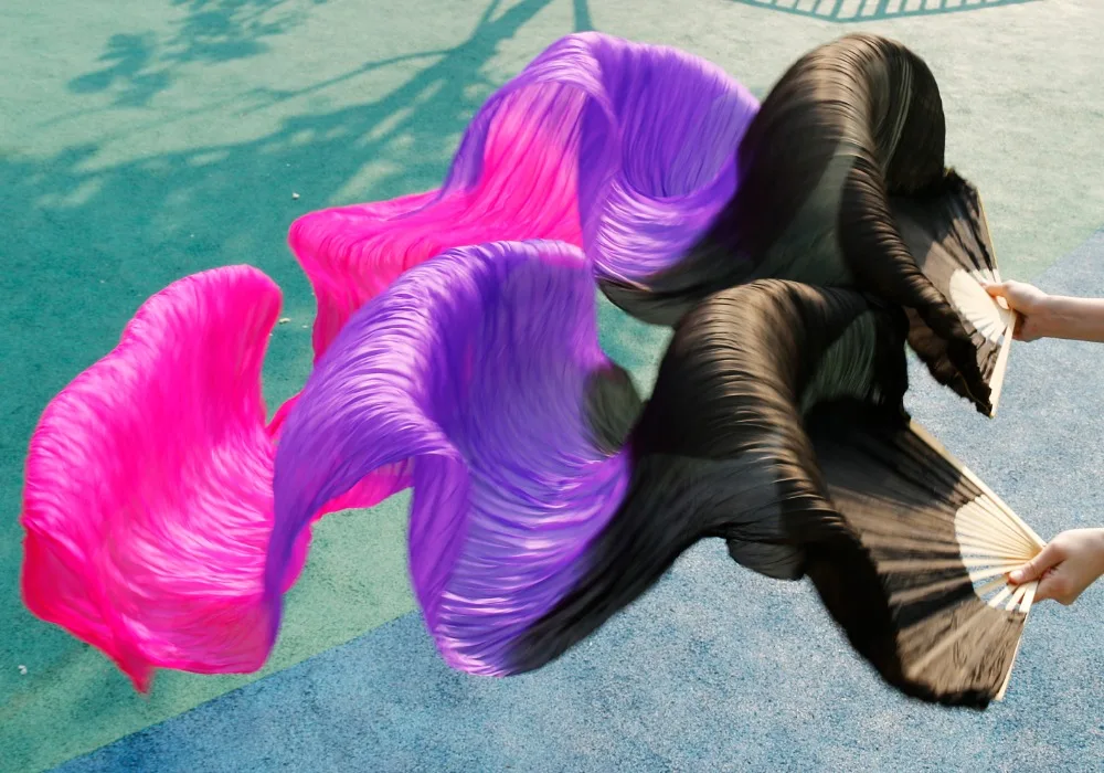 

2018 High Quality Silk Belly Dance Fan Dance 100% Real Silk Veils 1 Pair On Sale 180*90 cm Black+Purple+Rose