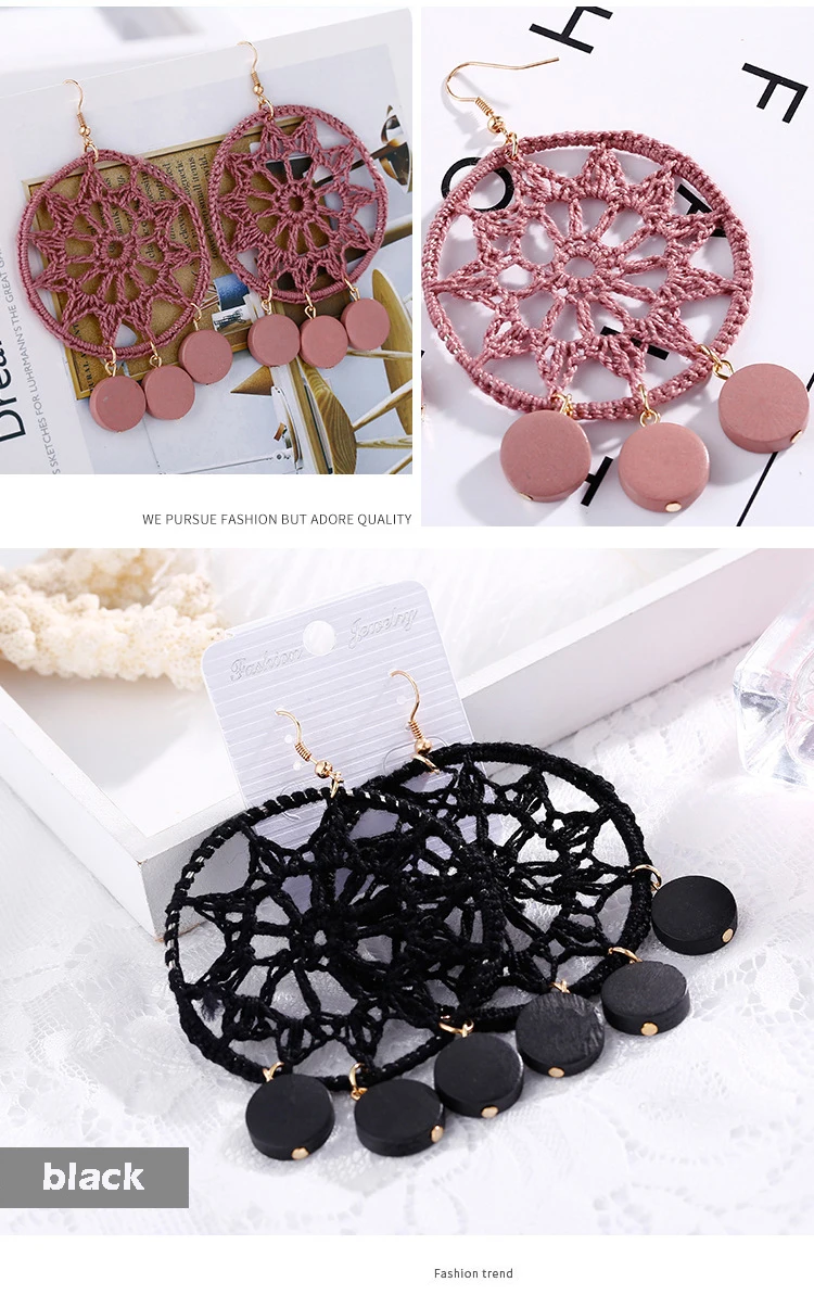 Вязать Dream Catcher серьги Для женщин падение круглые деревянные серьги аксессуары ювелирные изделия Лидер продаж волна Bijoux D 6 см большие девочки подвески