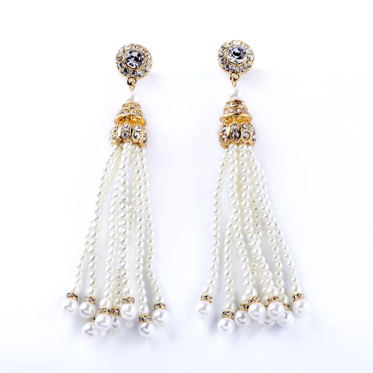 Elegant Pearl Drop Earring Gold &amp Silver Color Diamante Tassel Beaded Wedding Long Fashion Women Jewelry | Украшения и