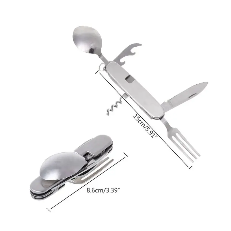 6 in 1 Outdoor Camping Tableware Folding Knife Fork Spoon Bottle Opener EDC Tool