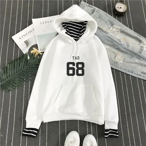 Kpop exo harajuku полосатый воротник свободные поддельные два плюс бархат пуловер с капюшоном женский корейский студенческий k-pop exo осень зима - Цвет: 11