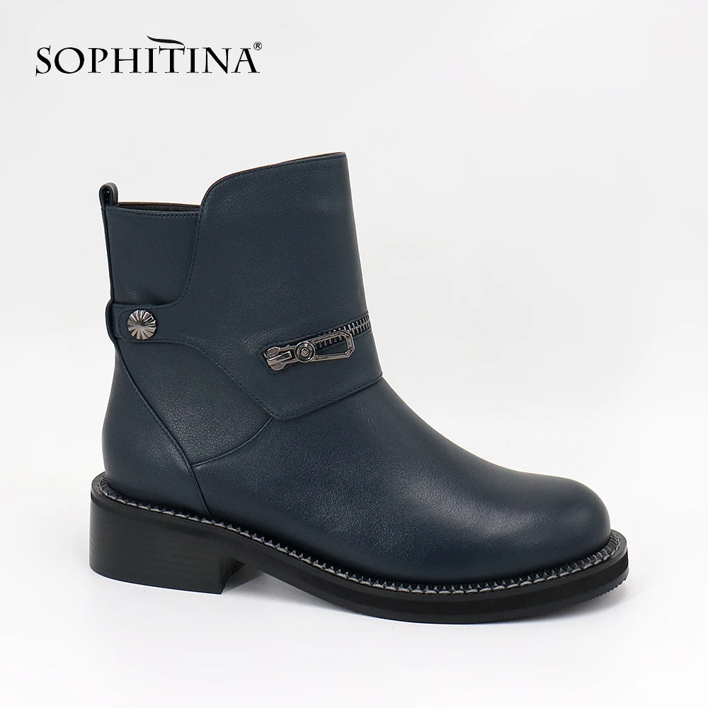 SOPHITINA/Ботинки женские на осень и зима. Темно синие ботильоны из коровьей кожи с