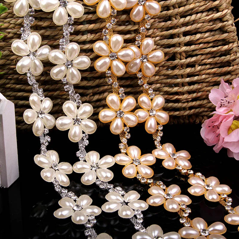 

1 yard 2 cm Pearls Flower Crystal Chain Trims DIY Necklace Neckline of Dress Shirts Costume Belt Silver Gold Plated