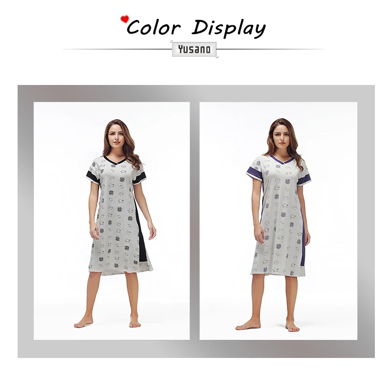 Yusano Cotton Nightgowns for Women V-Neck Nightshirt Short Sleelve Sleep Dress Cute Printed Sleepshirt Casual Nightwear
