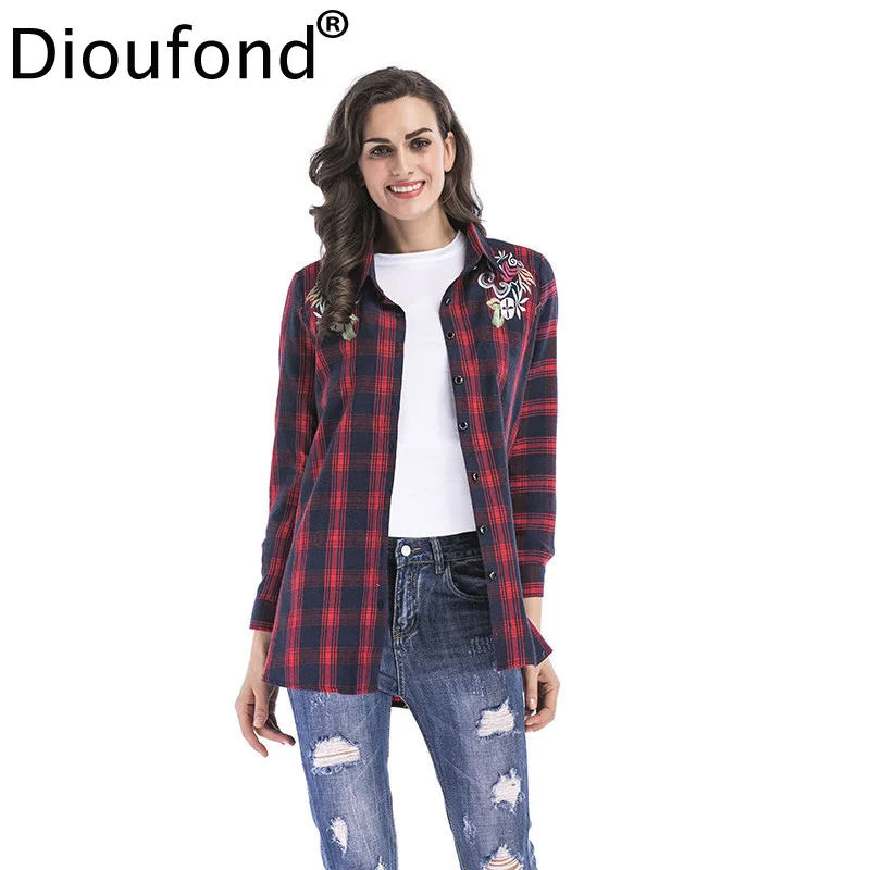 

Dioufond Floral Embroidery Women Cotton Blouses Casual Plaid Long Sleeve Tops Female Autumn Winter Plus Size Women Clothing 2017