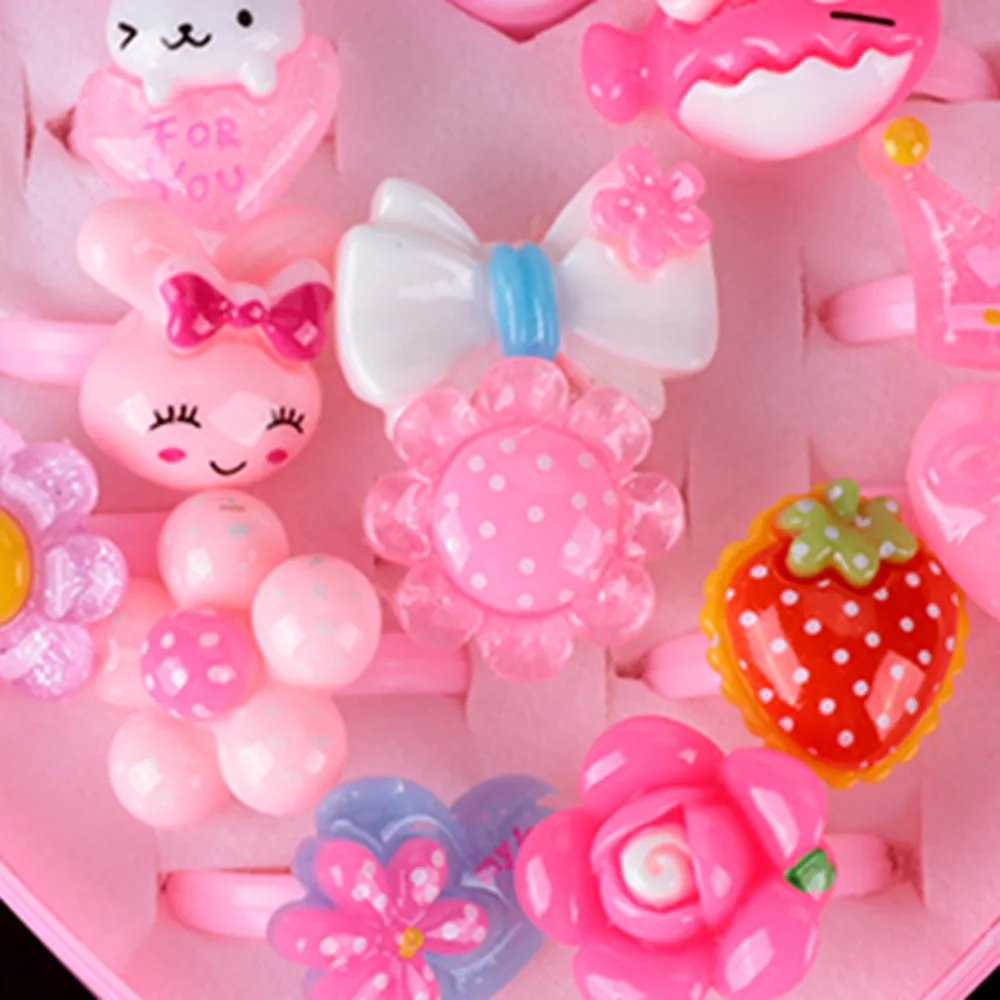 12pcs Children's Cartoon Rings Baby Kids for Girls Flower Animal Ring Set Mix Finger Jewery with Display Box | Украшения и