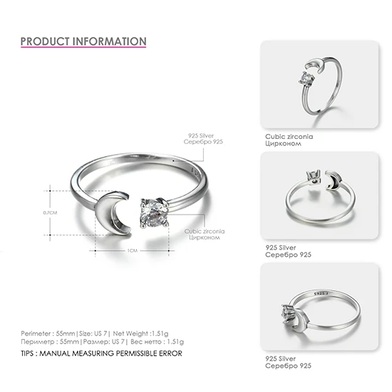 e-Manco 925 Silver Wedding Rings for Women Sterling Silver Open Ring Moon Shape Classic Zircon Fine Jewelry Romantic Love Gifts - Цвет основного камня: EMRG013-1 White