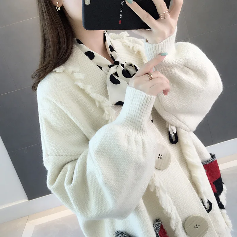 

Wool Sweater Coat Female Loose Knitted Lantern Sleeve Outwear Button Sweater 2019 Fashion Women Cardigan Winter Sweater Coat