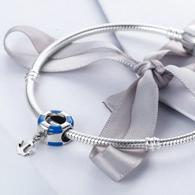 VEAMOR Authentic 925 Sterling Silver Blue Enamel Life Buoy &amp Anchor Dangle Charms Beads Fit Pandora Bracelets DIY Jewelry Making |