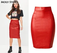 ladies knee length pu red skirts women stretchy high waisted faux leather skirts plus size jupes crayon faldas mujer