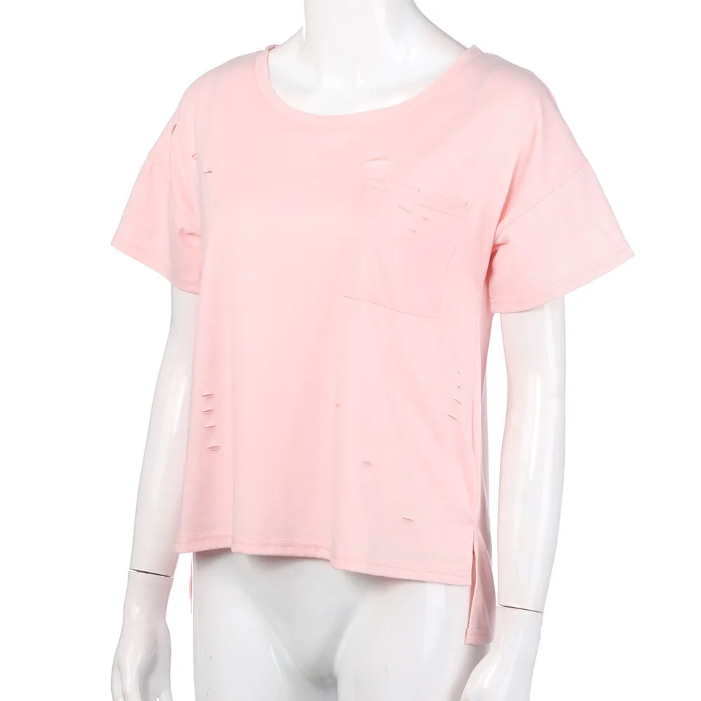 Women Loose Short Sleeve T Shirt Hole Solid Casual Girls Female Pocket Stylish Fashion Cotton Top Pink Sweet | Женская одежда