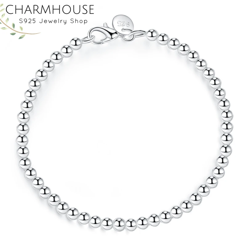 

Charmhouse Pure Silver 925 Jewelry 4mm Beads Ball Chain Bracelet for Women Bangles Wristband Pulseira Femme Wedding Party Gifts