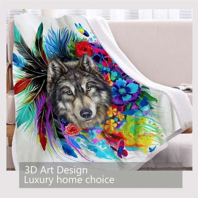 BlessLiving Boho Wolf Plush Blanket Watercolor Colorful Flowers Pattern Sherpa Fleece Blanket Fluffy Bedding for Teens Bedroom 3