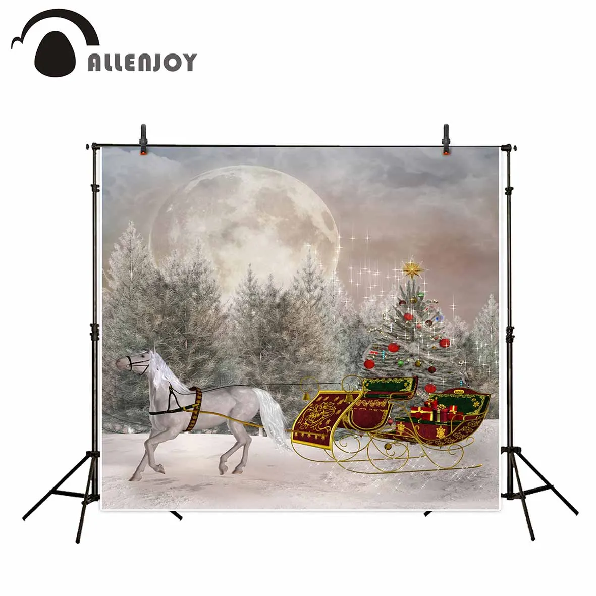 Фон для фотосъемки Allenjoy с изображением снега лошади Луны саней сосны Рождества