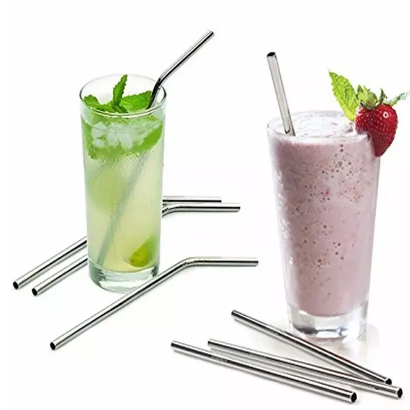 

More size straight and bend stainless steel straw and cleaning brush reusable drinking straw bar drinking tool