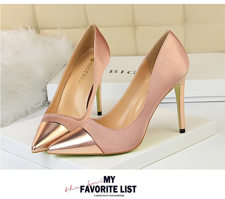 Women Shoes Pointed Toe Pumps Satin splice Pointed 10CM thin High Heels Boat Wedding Dress Office Shoes