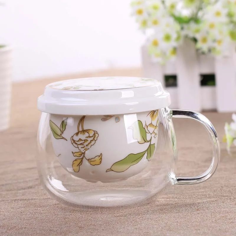 Creative Flower Chinese Tea Set Double Wall Glass Cups with Bone China Insulation Infuser and Lid Clear 300-400ml | Дом и сад
