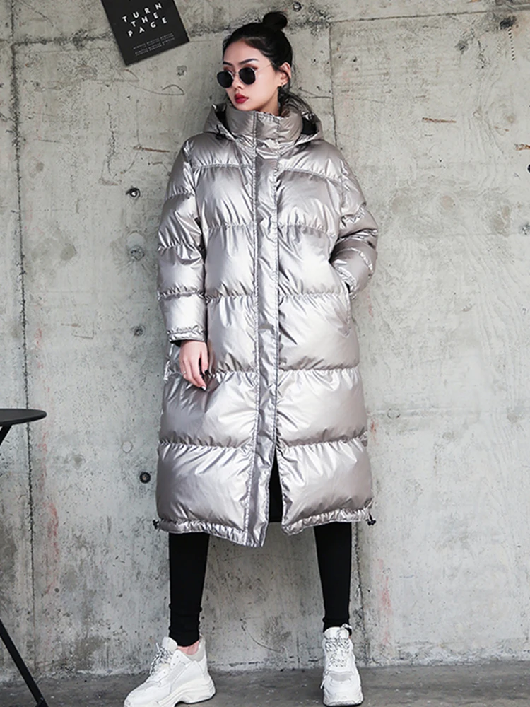 Long Silver Jackets Women Parka Winter Warm Outerwear Fashion Bright Cotton Coat Ladies Winter Loose Down Jacket Thick T399