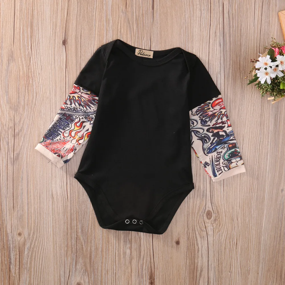 Хлопковый комбинезон с длинными рукавами и принтом татуировки для новорожденных