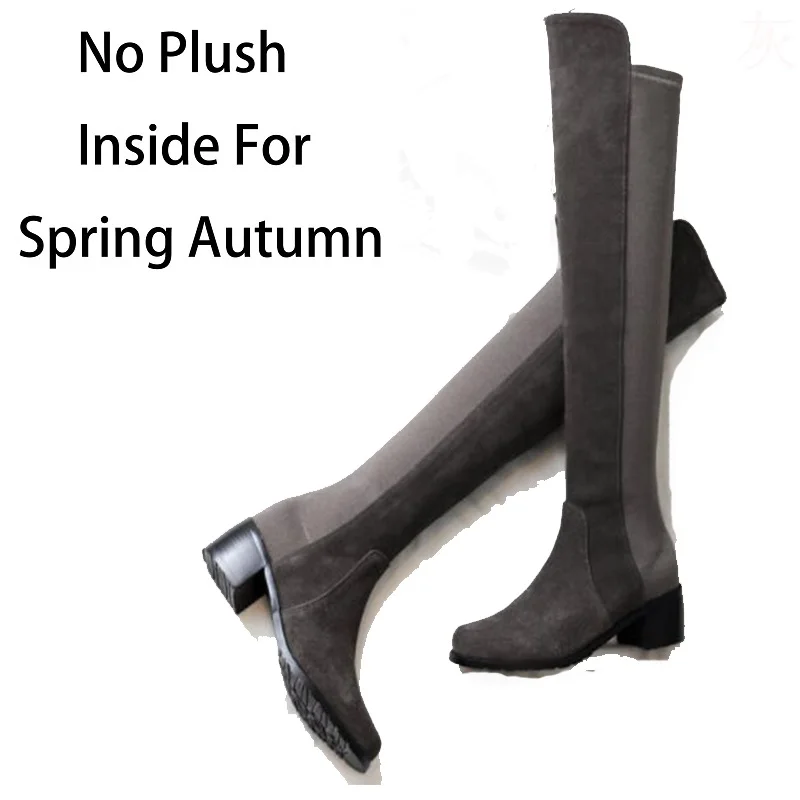 R Gray SpringAutumn Женские Лоскутные зимние высокие сапоги из коровьей кожи с коротким плюшем; сезон весна-осень; Сапоги выше колена из натуральной кожи с острым носком; ZY171021 - Цвет: R Gray SpringAutumn
