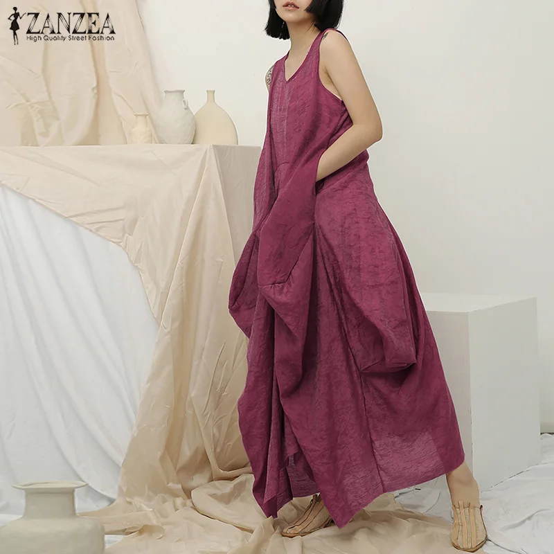 

2021 ZANZEA Bohemian Tank Vestido Womens Asymmetrical Dress Sleeveless Beach Maxi Dress Female Pleated Baggy Cotton Robe Femme