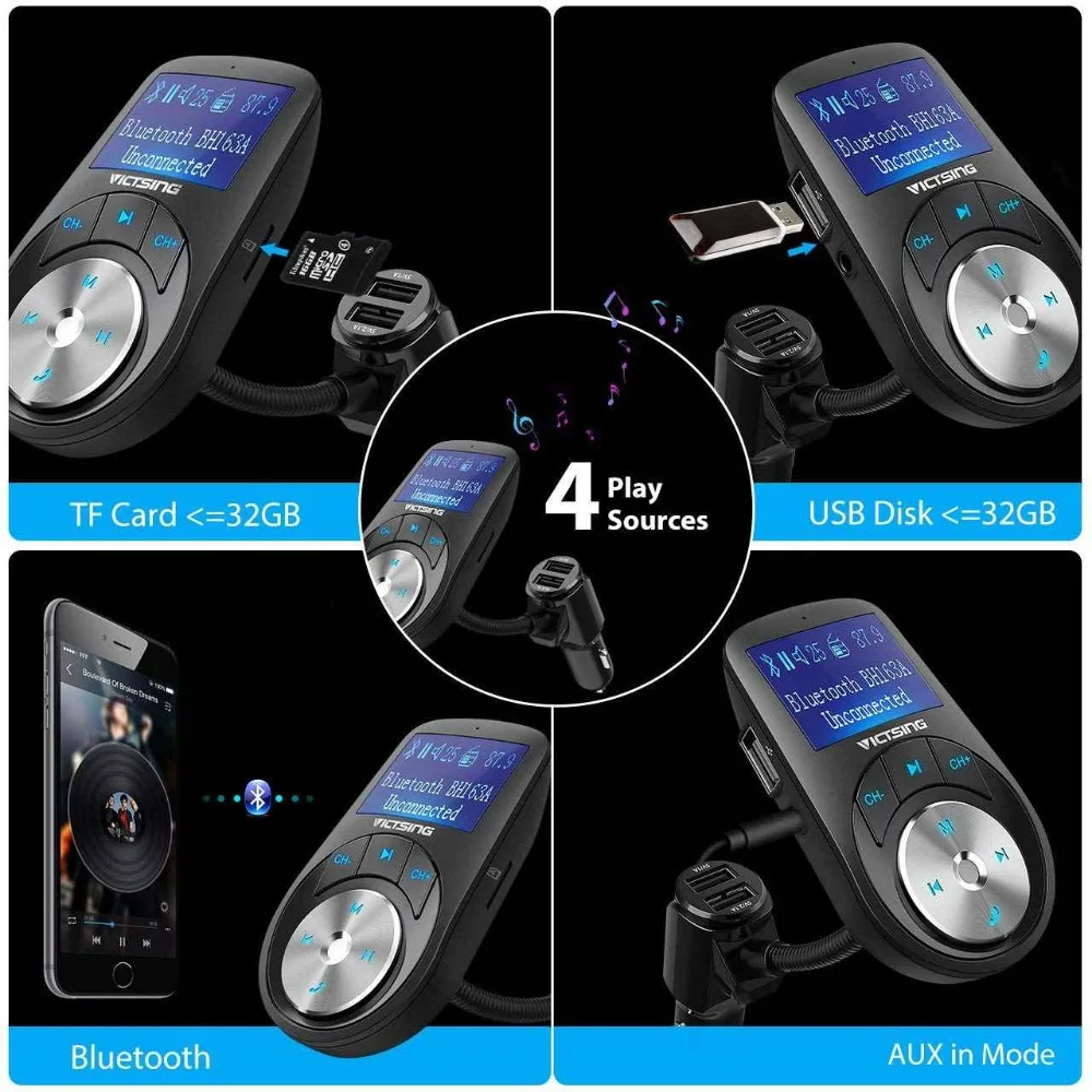 Автомобильный fm передатчик VicTsing Bluetooth MP3 музыкальный плеер AUX TF u диск 3 USB порты