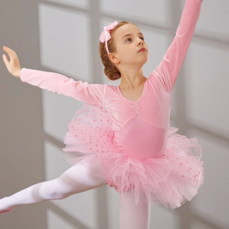 Sakura Pink Балет Хлопок балетное платье пачка балетные костюмы для обувь девочек Дети Тюль с длинным рукавом танец гимнастика трико - Цвет: Sakura Pink