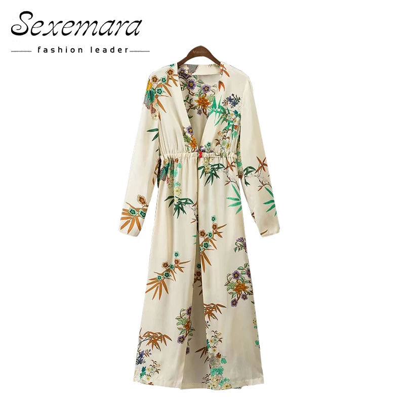 Осень Винтаж блузка Цветочный принт открыть свободные пояса КНОПКА рукав кимоно