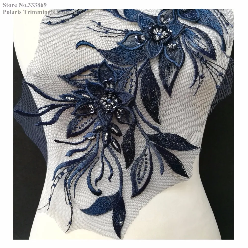 Новинка Кружевная аппликация для воротника ручной работы темно синего цвета с