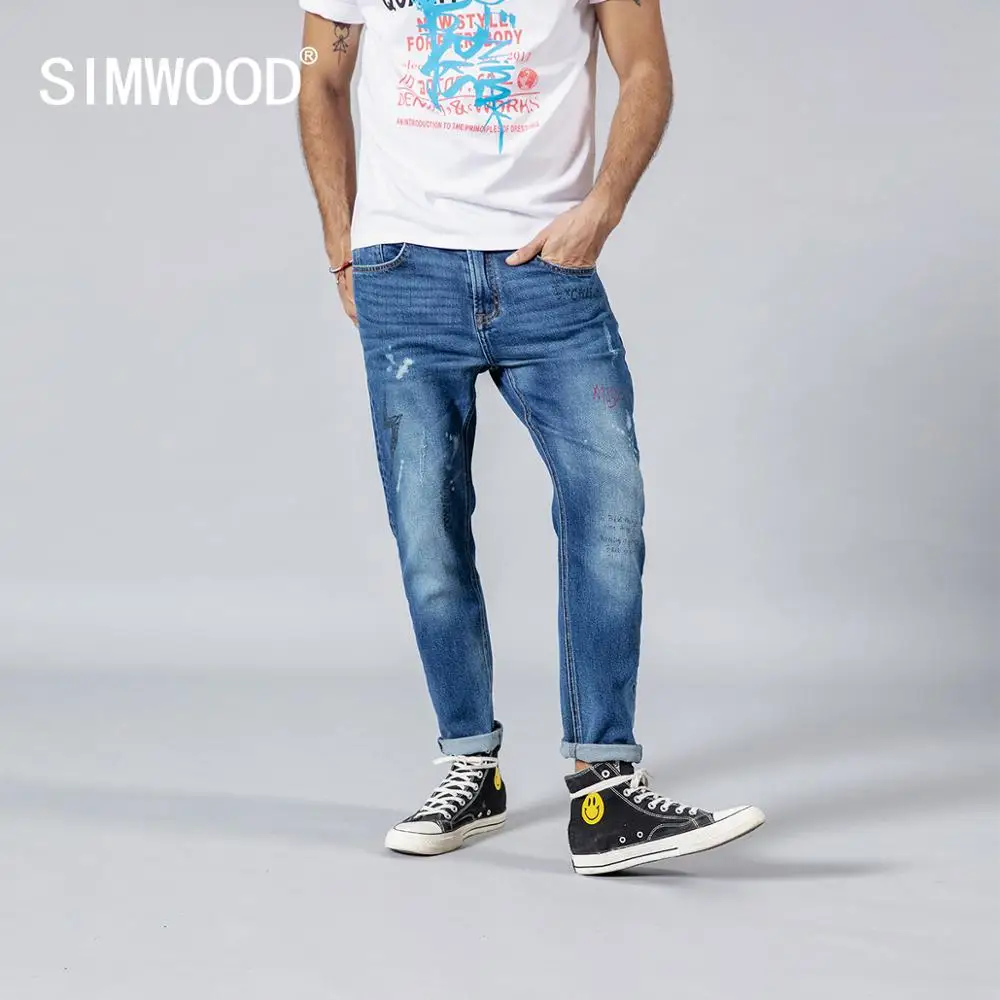 Демисезонные мужские джинсовые брюки SIMWOOD, джинсовые штаны с принтом «Буквы», равные джинсы длиной до щиколотки,, уличная одежда из денима в стиле «Хип-хоп», 190202